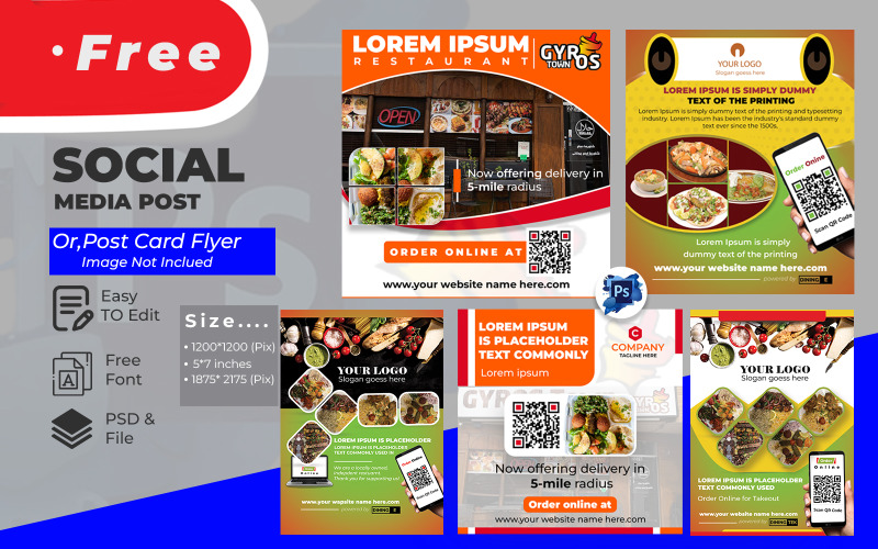 GRATIS design för sociala medier för restaurang och mall för flygblad för vykort