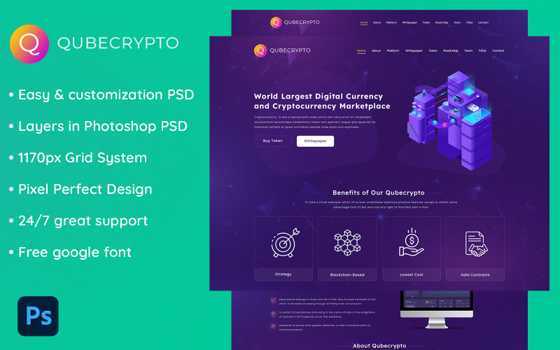 Qubecrypto - Özelleştirilmiş Açılış Sayfası PSD Şablonu