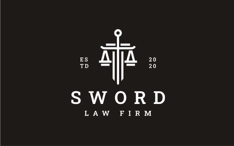 Anwaltskanzlei-Logo, Gerechtigkeitswaage mit Schwert-Logo-Design-Inspiration