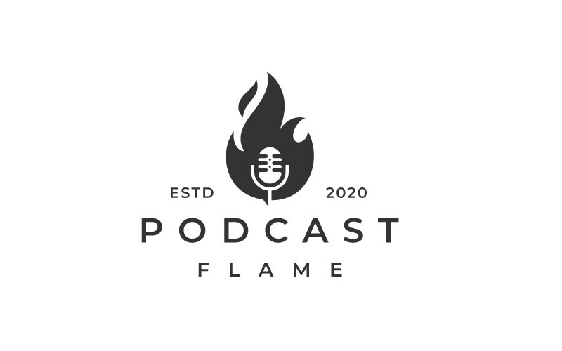 Feuer Flamme und Mic Podcast Logo Design-Vorlage