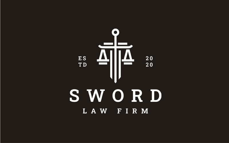 Logotipo do escritório de advocacia, justiça escala com inspiração no design do logotipo da espada