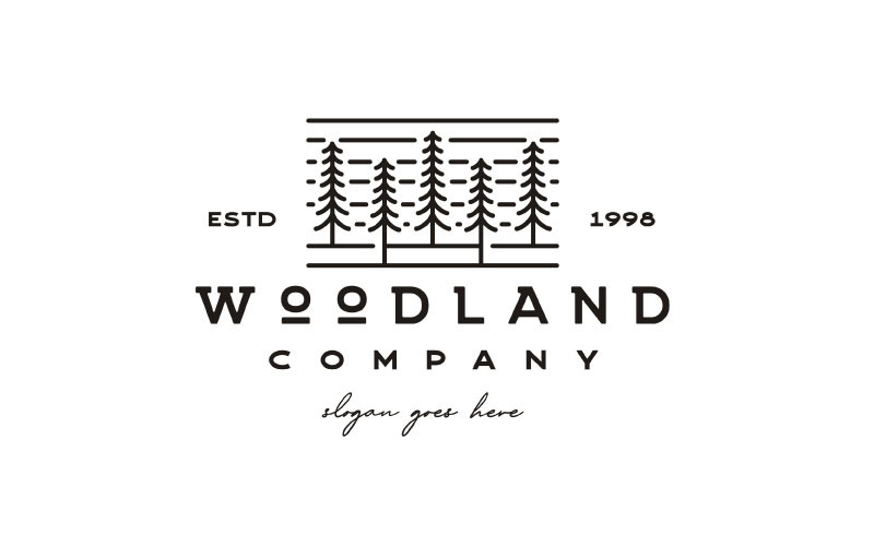 Retro Line Art Evergreen, sosna Logo Design Vector Template