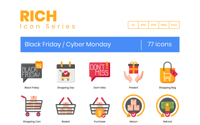 77 Black Friday och Cyber Monday Icon Set - Rich Series