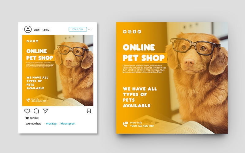 Modello di banner per post su Instagram e social media per la promozione del negozio di animali