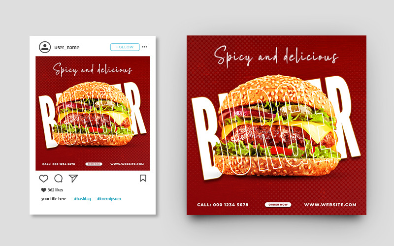 Modello di banner per post sui social media di promozione del ristorante di hamburger di cibo