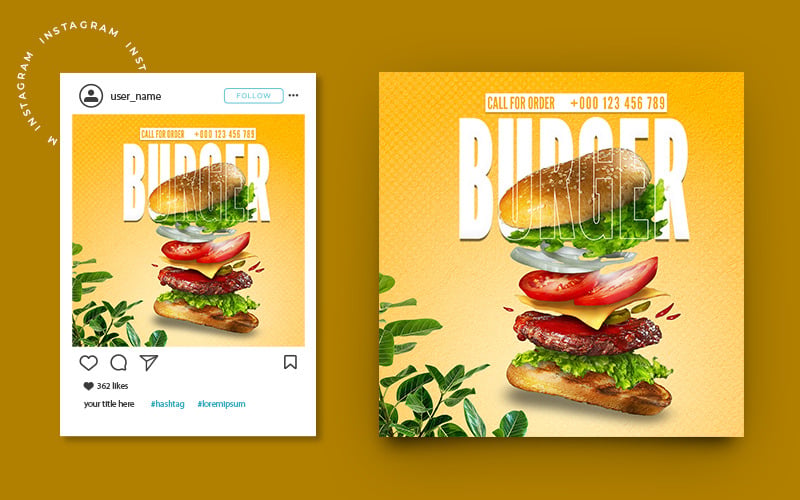 Plantilla de banner de publicación de redes sociales de promoción de hamburguesas de comida rápida de restaurante