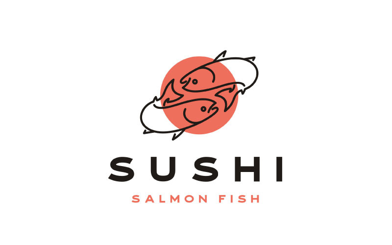 Linha Arte Salmão para Sushi, Poke Bar Logo Design Vector Inspiração