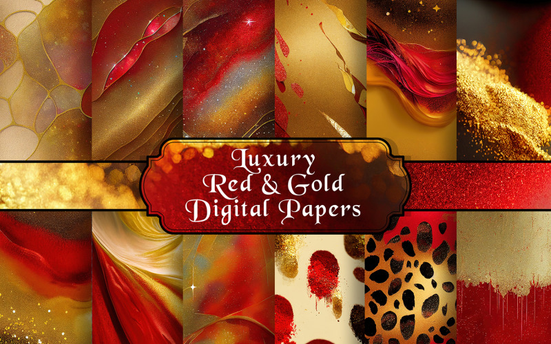 Luxuoso conjunto de papel digital vermelho e dourado