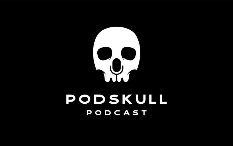 Szkielet czaszki z mikrofonem jako negatywna przestrzeń dla inspiracji do projektowania logo podcastów