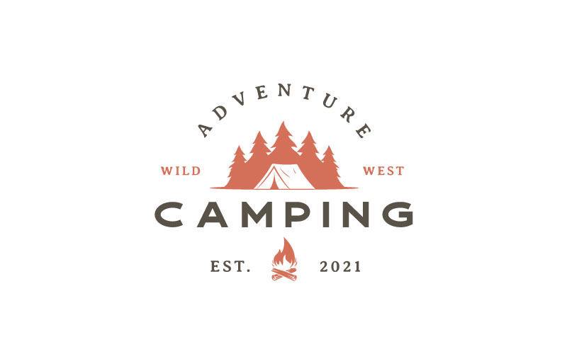 Retro Forest Camping, Tent and Pine Trees Logo Design Vector Template