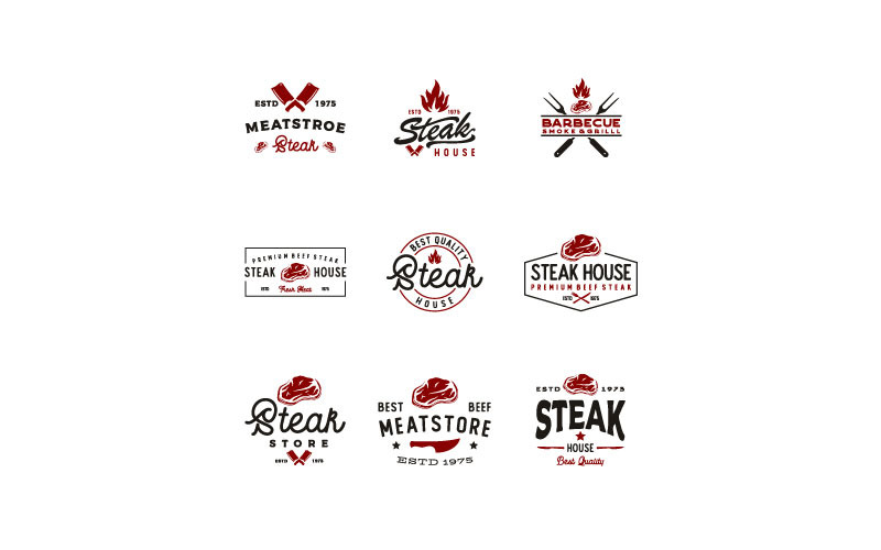 Vintage BBQ Grill, Steak House, Ensemble de conception de logo de boucher