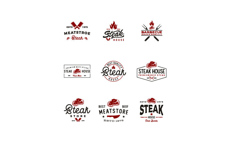 Vintage BBQ-grill, steakhouse, slager-logo-ontwerpset