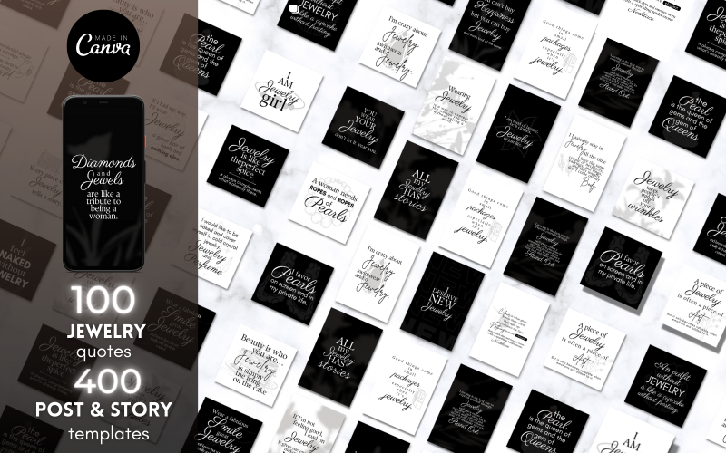 100 Instagram smycken citat | 400 Canva redigerbara mallar | Post & Story Pack