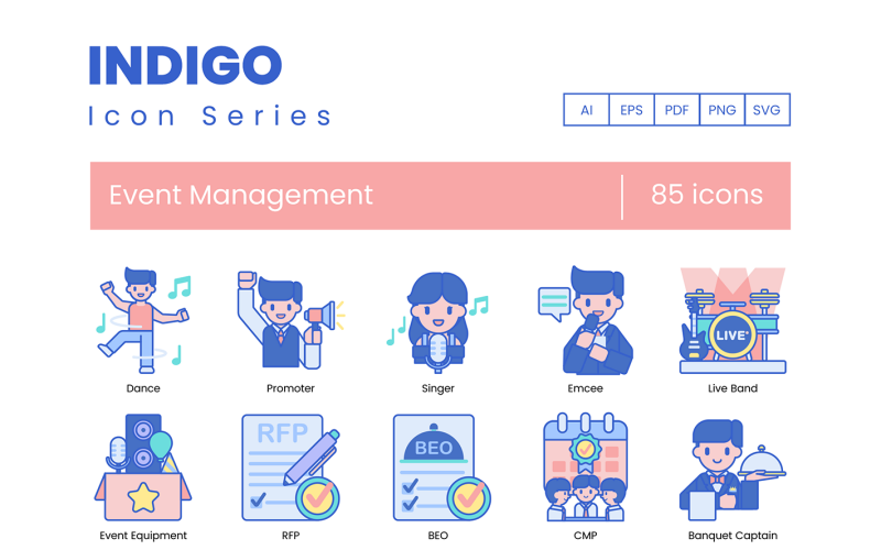 85 Event Management Ikoner - Indigo Series