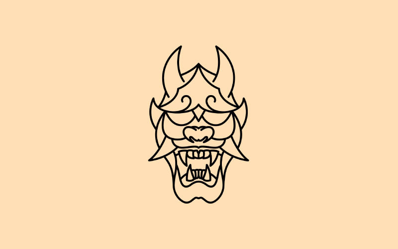 复古线条艺术日本恶魔鬼面具标志设计