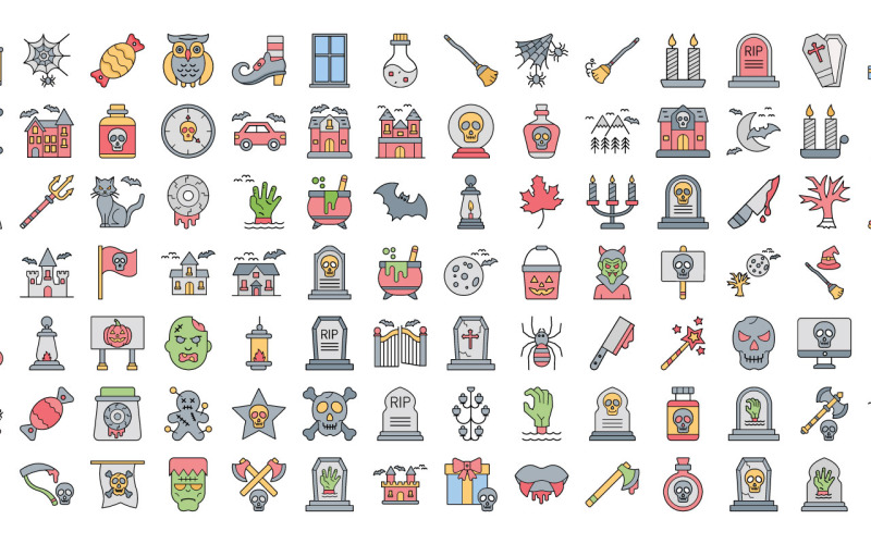 Halloween obrysové, barevné a glyfové vektorové ikony | EPS | SVG