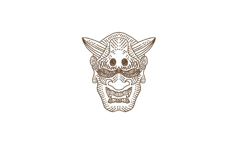 Logotipo da Máscara Oni Demônio Japonês Vintage Desenhado à Mão