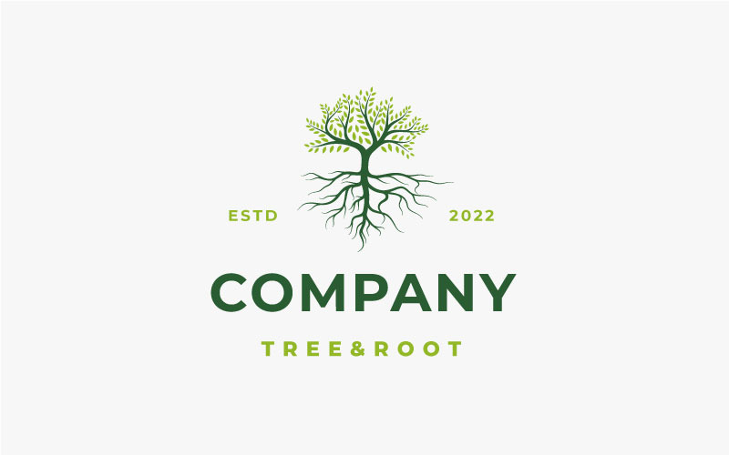 Vibrante logo albero, albero e radice Logo Design vettoriale