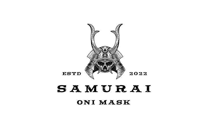 Vintage handritad japansk Samurai Demon Mask Logotypdesign