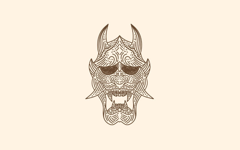 Vintage Japon İblisi Oni Maske Logo Tasarlamak Vektör