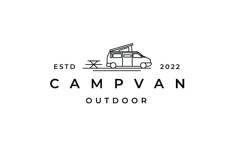 Line Art Camper Van, modèle vectoriel de conception de logo de camping