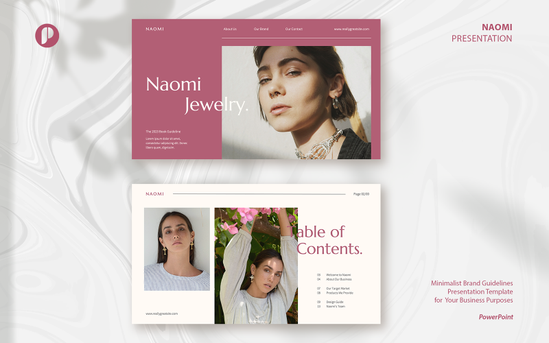 Naomi – lágy rózsaszín elegáns minimalista márka irányelvek bemutatója