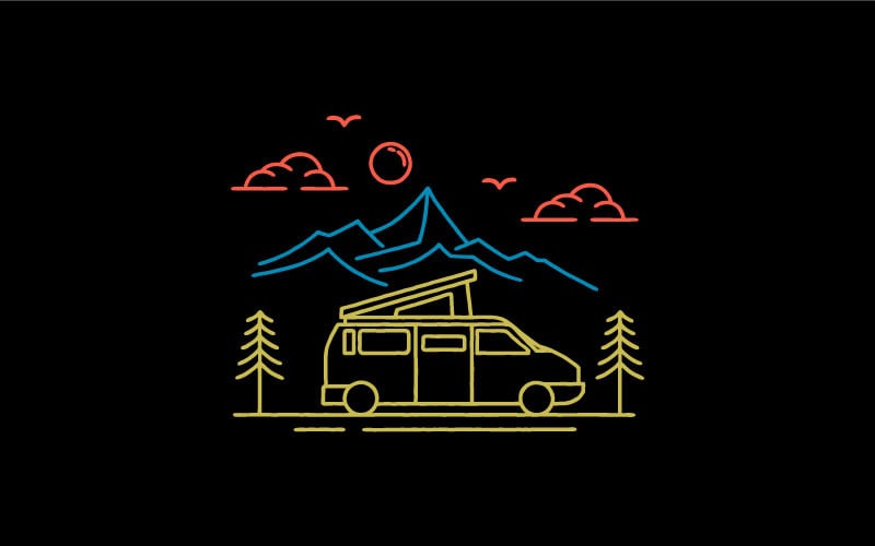 Van de campista de arte de linha vintage, vetor de design de logotipo de acampamento