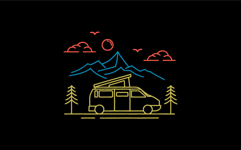 Vintage Line Art Camper Van, vecteur de conception de logo de camping
