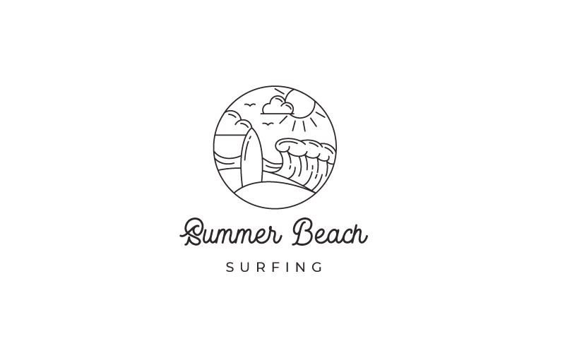 Dessin au trait plage surf Logo Design