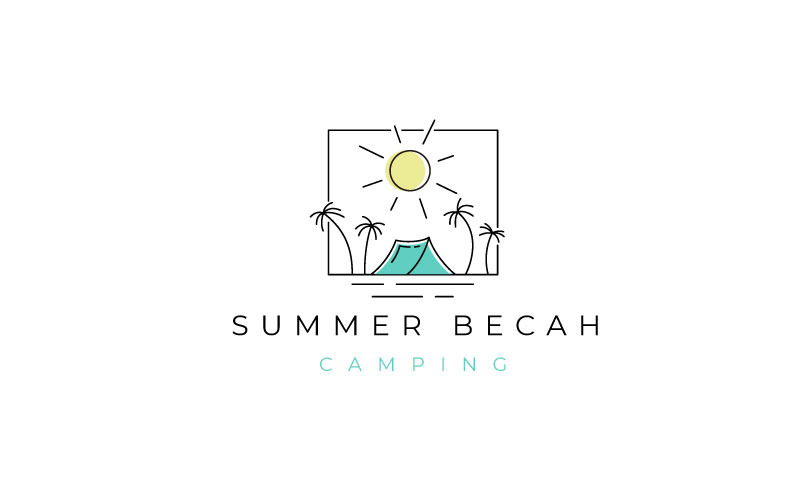 Linie Kunst Sommer Strand Camping Logo Design-Vorlage