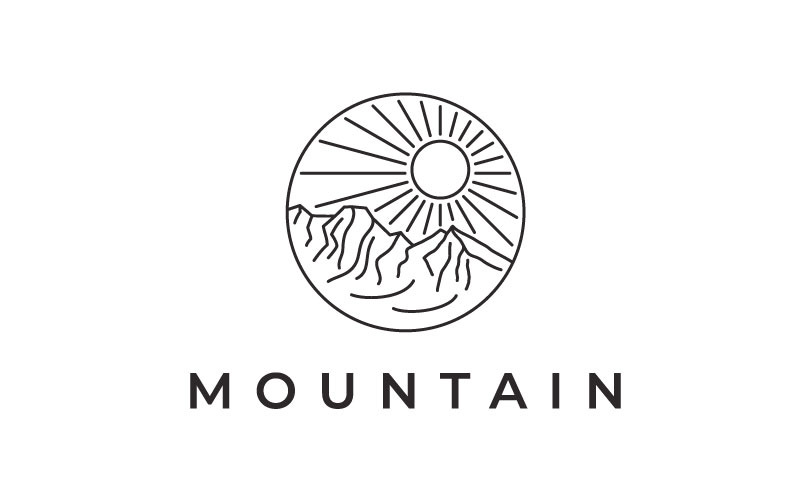 Linjekonst berg och sol äventyr logotypdesign