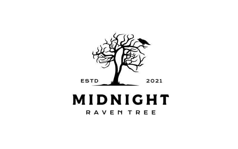 Dark Night Crow Raven con albero morto Logo Design Vector