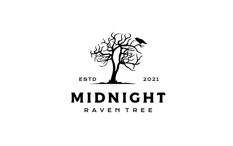 Dark Night Crow Raven met dode boom Logo Design Vector