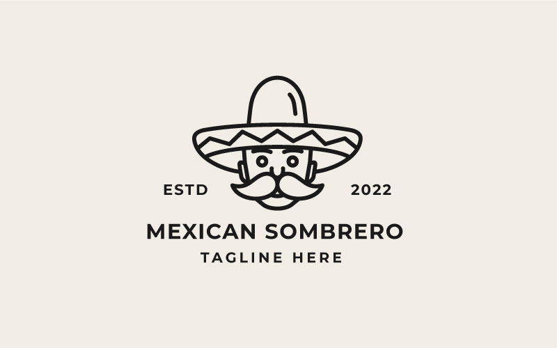 Retro Line Art Mexicaanse Man Met Hoed Sombrero Logo Vector Ontwerpsjabloon