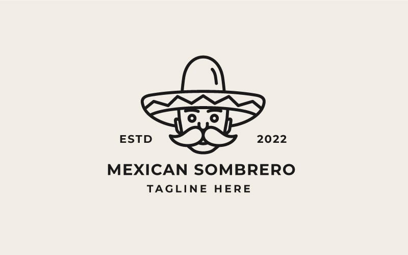 Retro linie umění mexický muž s kloboukem Sombrero Logo Design vektorové šablony