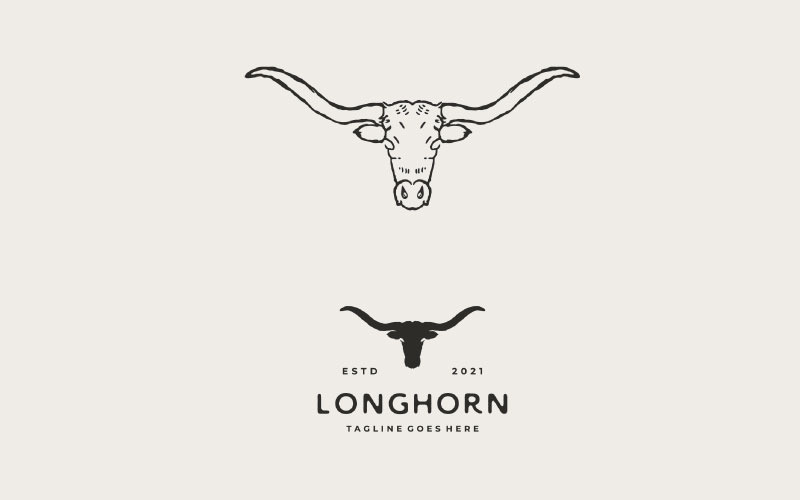 Logo Texas Longhorn dessiné à la main vintage, conception de logo rétro Vintage Country Western Bull Cattle