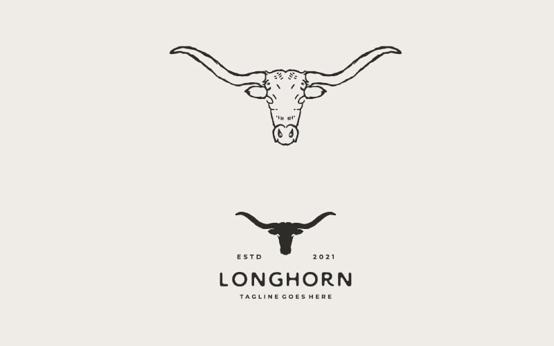 Vintage Hand Drawn Texas Longhorn Logo, Country Western Bull Cattle Vintage Retro Logo Design