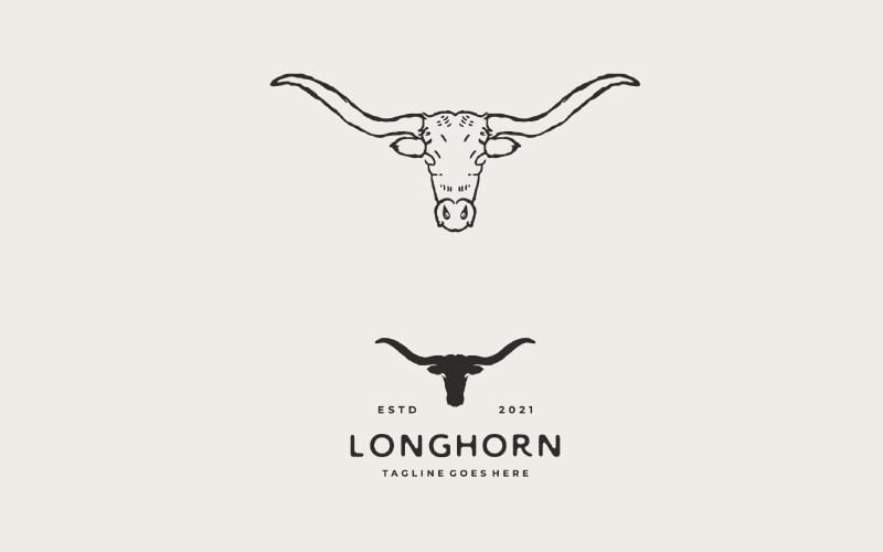 Vintage ručně kreslené logo Texas Longhorn, Country Western Bull Cattle Vintage Retro Logo Design
