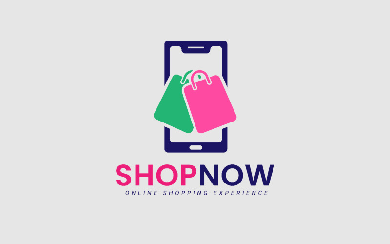 Concetto di design del logo dello shopping e-commerce per borsa a mano e smartphone