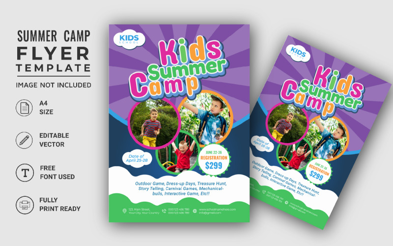 Modèle de flyer A4 pour camping d'été pour enfants. Conception de flyer de voyage de vacances pour enfants