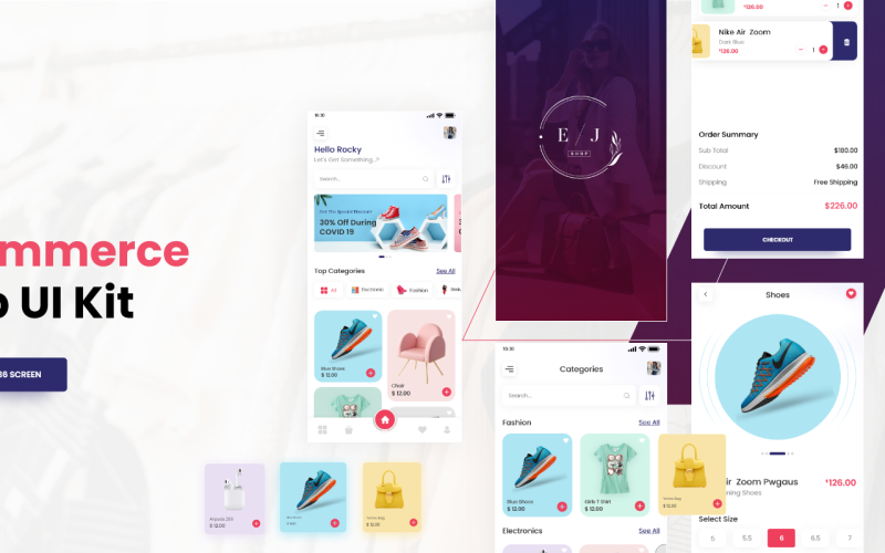 Aplicación de comercio electrónico EJ shop: kit de interfaz de usuario móvil Adobe XD