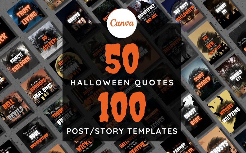 50 citas de Halloween de Instagram | 100 plantillas editables de Canva | Paquete de publicación e historia