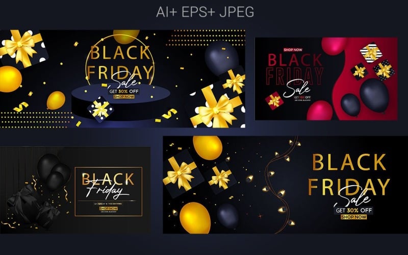 Banner de venta de viernes negro con paquete de regalos y globos