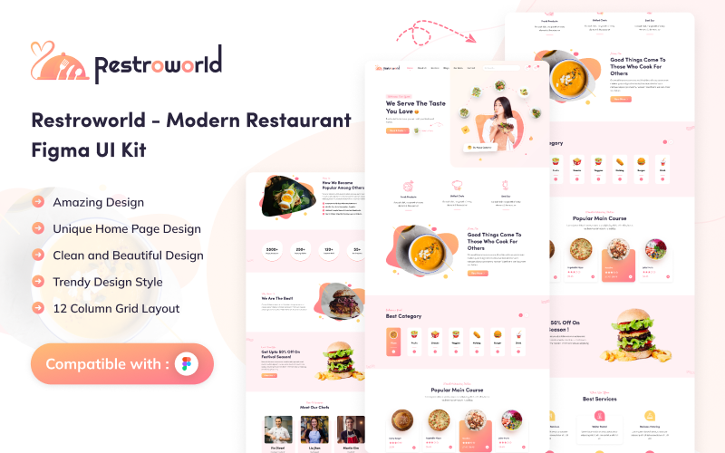 Restro World - Modern Cafe ve Restoran Web Sitesi Figma UI Kit