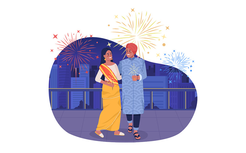 Coppia felice con luci scintillanti sull'illustrazione isolata del vettore Diwali 2D
