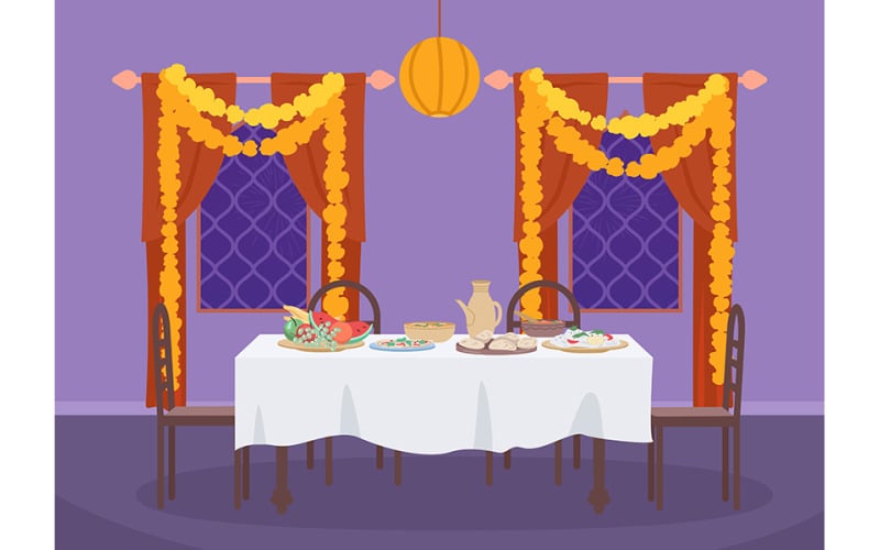 Gedienter Tisch für Diwali-Dinner flache Farbvektorillustration