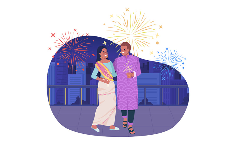 Kochająca para świętuje wakacje Diwali 2D na białym tle ilustracji wektorowych