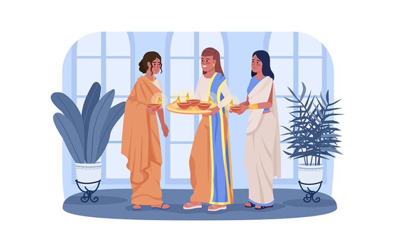 Kvinnor med brinnande diyas på Diwali 2D vektor isolerad illustration