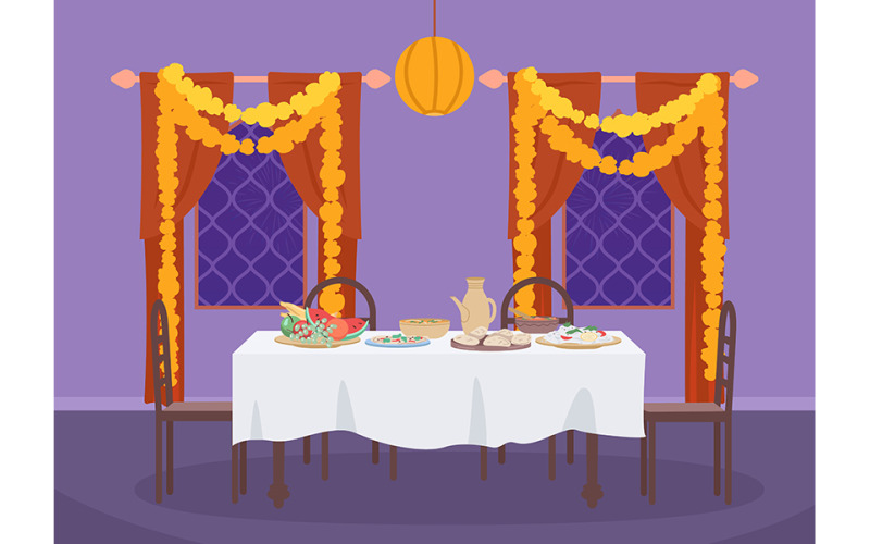Table servie pour le dîner de Diwali illustration vectorielle de couleur plate