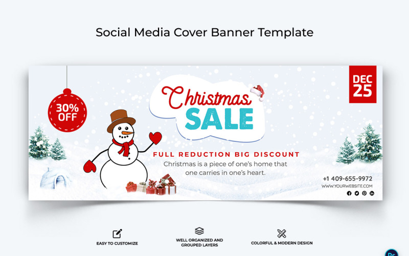 圣诞销售优惠 Facebook 封面横幅设计模板-09